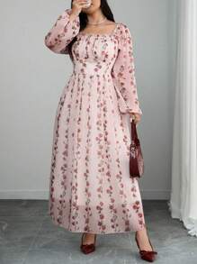 Modelyn Plus Size Women Chiffon Ditsy Floral A-Line Dress Fall Cloth For Women - Baby Pink - View 3