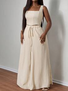 SHEIN PETITE CURVE 加大码纯色圆领无袖有骨休闲夏季上衣和宽松长裤两件套 - 杏色 - 查看 4