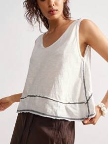 Bohemela Women V-Neck Asymmetrical Hem Solid Color Knit Backless Tank Top