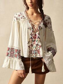 Bohemela 女士V领刺绣休闲度假衬衫