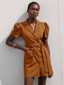 Aveloria Modichic Premium Quality Lapel Short Puff Sleeve Mini Dress For Women - Brown - View 4