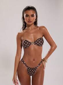 SHEIN BAE Women's Gold Shell Decor Sexy Elegant Retro Halter Mini Swimsuit Top, Summer Holiday Party, Tube Top - Coffee Brown - View 5