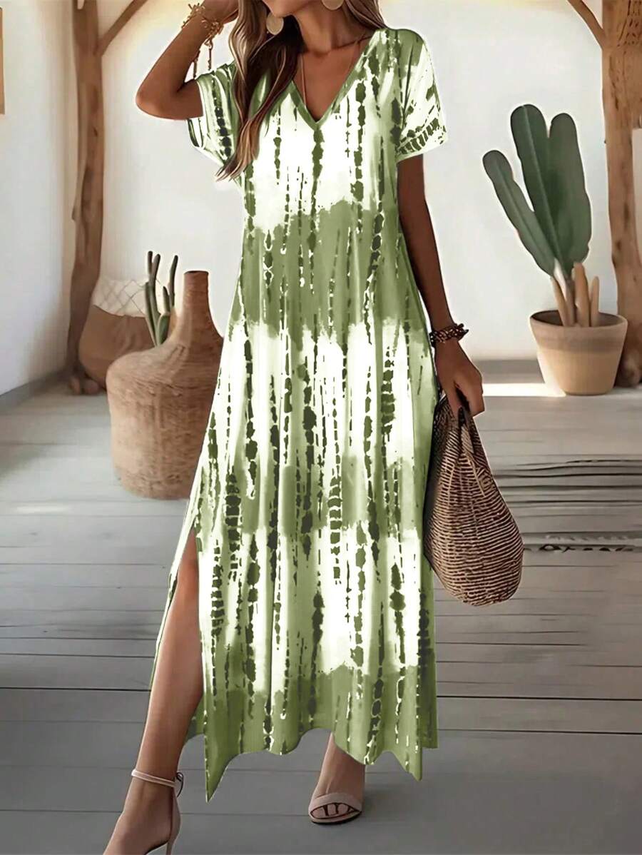 EMERY ROSE Damsommar Ny Avslappnad V-ringad Kortärmad Lös Tie-Dye Mönstrad Klänning med Delad Slit