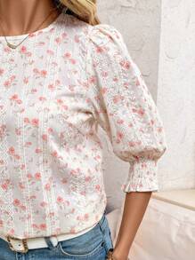 SHEIN Clasi 女士花卉印花圆领短袖宽松衬衫，春夏情人节乡村女士春季休闲上衣女士夏季春季情人节夏季夏季奶油黄女牛仔刺绣上衣乡村秋季 - 藕粉色 - 查看 5