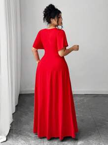 Elenzga 大码优雅简约假日派对深V领荷叶袖修身针织连衣裙 女装 夏季女装 - 紅色 - 查看 2