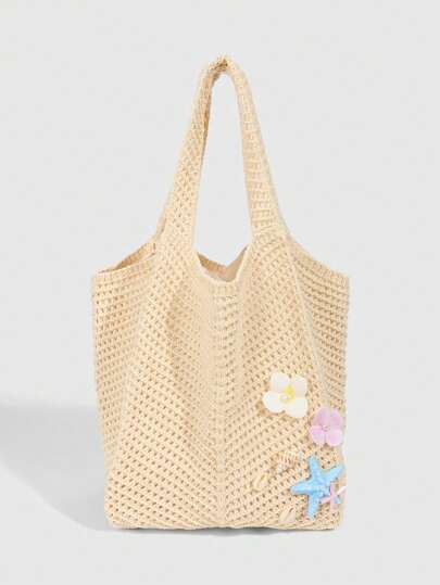 Fairycore 1 pieza Bolso de playa de mujer grande y con capacidad, de estilo de vacaciones en el océano tropical, con concha, estrella de mar y flor decorados, de tejido hueco en beige