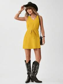 SHEIN LUNE Đầm Thắt lưng màu trơn Giải trí - Màu Mù tạt vàng - Xem 3