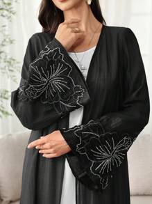 SHEIN Najma Spring/Summer Loose Viscose Maxi Abaya With Pearl Embroidered Floral Trim, Open Front & Cuffs - Black - View 6