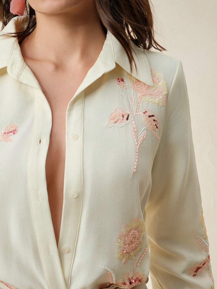 Blusa Feminina de Manga Longa Bordada com Lantejoulas Florais Boêmia