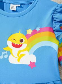 BABY SHARK X SHEIN 青少年女孩夏季卡通鲨鱼图案彩色条纹拼接口袋袖喇叭连衣裙 - 藍色 - 查看 6