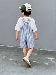 SHEIN 1 件装年轻男孩休闲舒适时尚简约实用百搭柔软学院风绿色格子面料背带裤，适合春夏季 - 藍色 - 查看 2