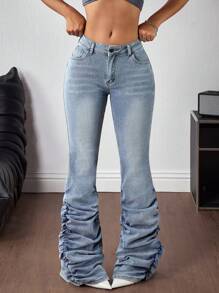 Jeanoix Women's Pocket Pleated Flare Casual Versatile Denim Jeans - Blue - View 3