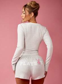 Missguided x Playboy 圣诞罗纹针织长袖亨利衫和短裤家居服套装 - 淺灰色 - 查看 1