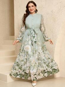 Veilorie Plus Size Round Neck Raglan Lantern Sleeve Floral Print Dress, Summer - Multicolor - View 6