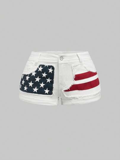 J-Fashion Shorts in jeans con stampa a stelle della bandiera USA in stile Y2K, taglie comode