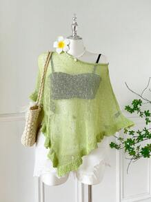 Comfortcana 大码女式绿色荷叶边下摆半透明休闲钩针斗篷 - 薄荷綠 - 查看 5