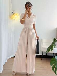 Chiquease Kombinezon damski plisowany z kołnierzykiem - Kolor khaki - Zobacz 7