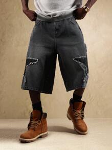 SUMWON Star Rhinestone Denim Jorts Loose Fit Wide Leg Knee Length Festival Street Style Fashion Urban Statement Pants - Black - View 4