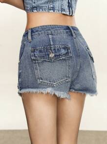 Rina Fox 女式口袋做旧磨边休闲牛仔短裤 - 中等水洗藍 - 查看 2