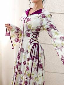 Yasmyna Floral Patchwork Tie-Waist Arabic Style Dress For Women, Homewear Jalabiya - Multicolor - View 2