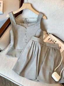 Flirla Plus Size Solid Color Button Decor Camisole And Pleated Skirt 2Pcs Set - Grey - View 1