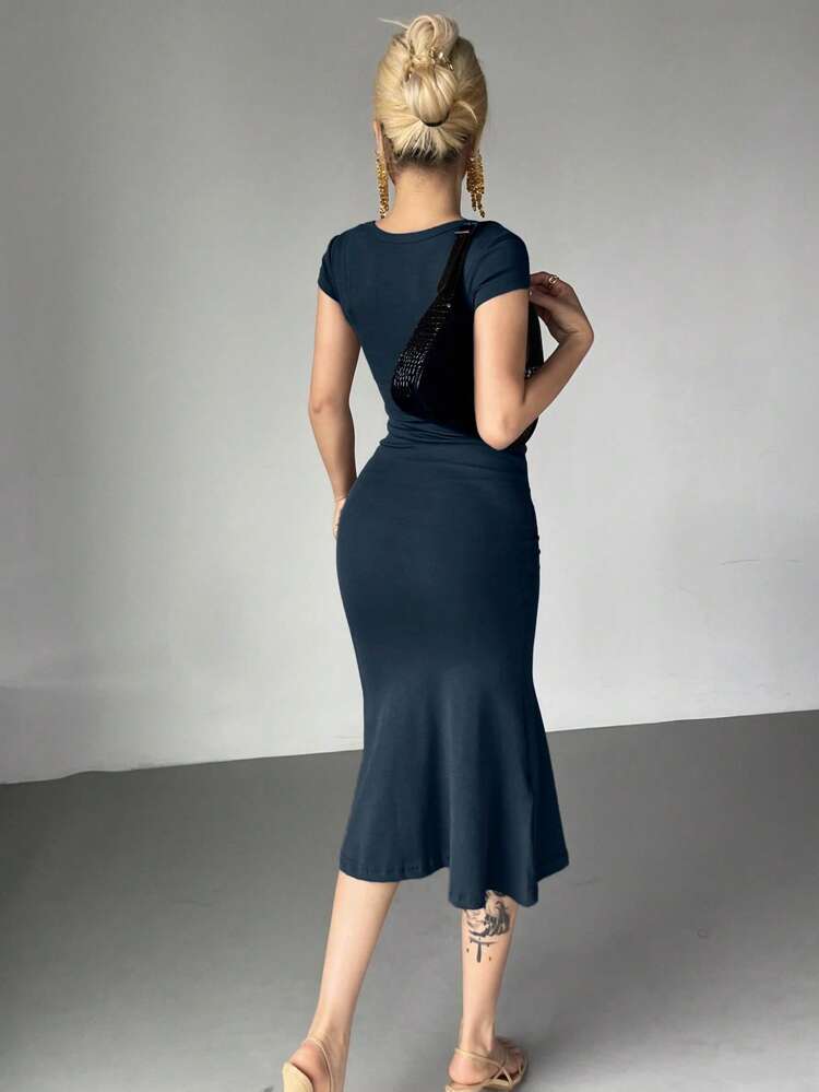 Women's Solid Color Wrap Square Neck Fish Tail Midi Dress Cocktail Dress