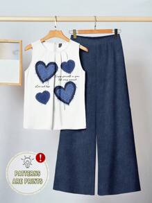 SHEIN Clasi 休闲简约假日风格海军蓝仿牛仔布心形和字母图案两件套，适合夏季、派对、度假 - 彩色 - 查看 3