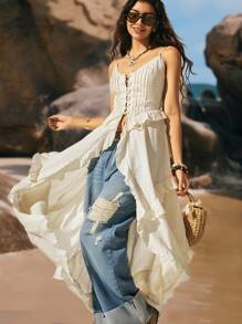 New Arrival Summer Women's Bohemian Style Vacation Retro Vacation Style V-Neck Semi-Sheer Lady Camisole Lotus Leaf - Orange - View 5