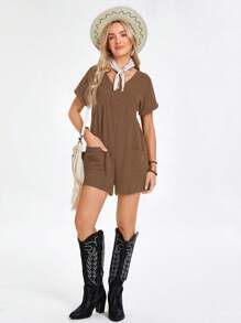 SHEIN Clasi Naszyty kombinezon z kieszeniami w kształcie skrzydła nietoperza - Brązowy - Zobacz 3