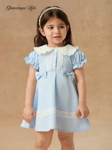 Glamorique Kids Baby Girls' Puff Sleeve Color Block Lace Decor Point Collar Front Opening Dress - Baby Blue - View 5