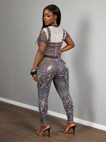 Slaydiva 2025 Quần bó nữ phong cách Punk cổ đứng tay ngắn, họa tiết denim toàn thân, họa tiết Baroque, lưới, giản dị, gợi cảm, phong cách đường phố mùa hè mới 2025-B - Nhiều màu - Xem 2