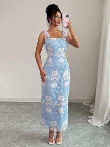 Selianne 女士优雅长款蕾丝边吊带裙，浪漫西西里风格，适合休闲、通勤、度假、下午茶、派对、春夏季 - 藍色 - 查看 1