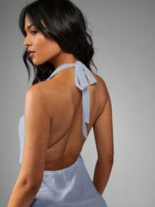 MISSGUIDED Mini Dress With High Low Ruffle Hem Halter Neck Deep V Cut Backless Party Evening Dance Club Ball - Baby Blue - View 5