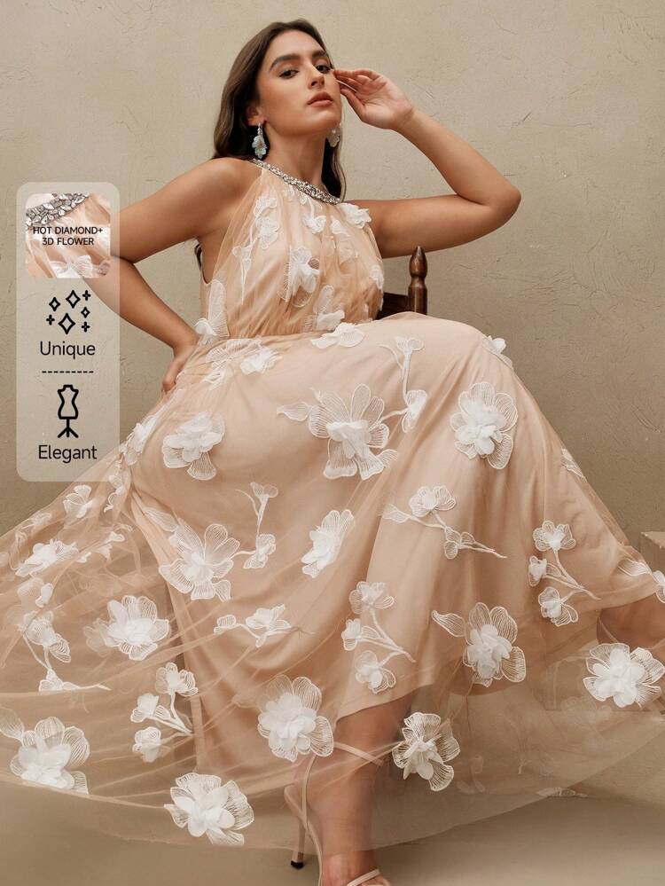 Plus Size 3D Floral Mesh, Rhinestone Decor, Empire Waist Sleeveless Elegant Vacation Dress, Suitable For Spring, Summer, Festival, Graduation