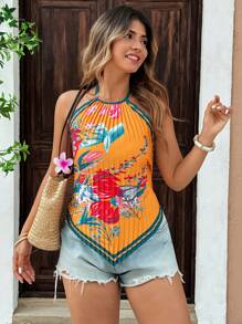 Breezaya Áo ba lỗ hở lưng in họa tiết hoa cổ điển cỡ lớn, cổ chữ V xếp ly gợi cảm - Màu vàng - Xem 4