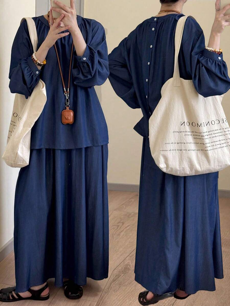 FRIFUL Conjunto de 2 piezas de blusa casual con botones en la espalda y falda fluida, corte holgado para mujer