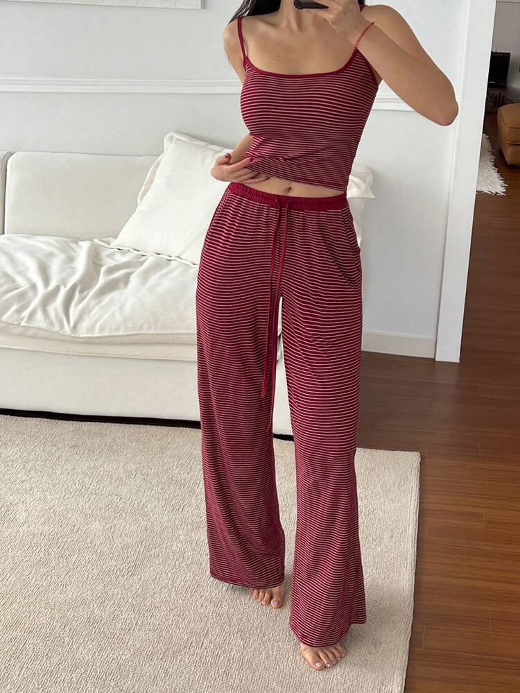 Striped Camisole Top & Pajama Pants Set, Sleepwear Outfit