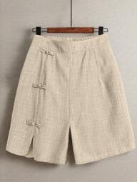 Linhara Plus Size Women's Casual, Commuting Daily Going Out Elastic Waist Round Slit Design Chinese Knot Decor Button Shorts