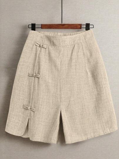 Linhara Pantalones cortos de mujer talla grande, casuales, para ir al trabajo o salir, con diseño de abertura redonda, cintura elástica y decoración de nudo chino con botones