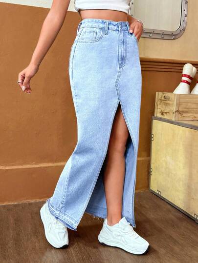 SHEIN EZwear High Waist Split Thigh Denim Skirt
