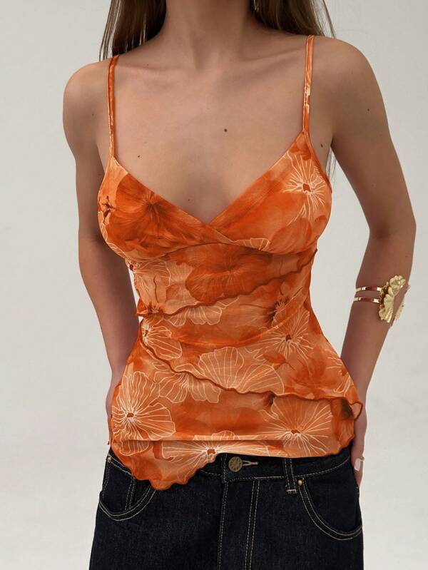 Aloruh Elegant Flower Printed Slim Fit Camisole, Summer