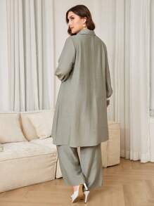 Lacomfia 2件套女士加大码撞色蕾丝长袖单排扣衬衫和裤子套装 - 綠色 - 查看 2