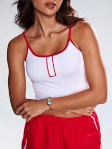 SHEIN Sports Women's White Ribbed Knitted Crop Tank Top With Red Trim And Button Front. This Sleeveless Sports Top Is Perfect For Workout Or Casual Summer Wear. - White - View 4