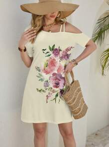 Shutterstock Glamance Women's Elegant Floral Pattern Mini Sleeveless Dress, Suitable For Summer Vacation Women Summer Clothing Women Short Dresses Summer - Beige - View 4