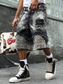 Manfinity LEGND Men's Black Denim Bermuda Shorts With Ripped Details And Camouflage Underlayer
