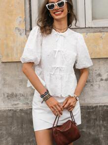 Solivie Blusa con mangas abullonadas bordadas, adecuada para vacaciones y uso diario