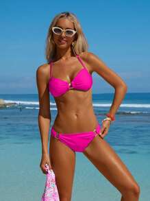 Swim Mod 3 件套女士泳衣套装，含闪亮渐变色上衣、加垫文胸、彩色图案比基尼泳裤和配套沙滩裙，性感比基尼套装 - 粉色 - 查看 5