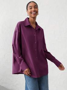 Aveloria Modichic Áo sơ mi dài tay thường ngày cho nữ, dáng rộng rãi có thể điều chỉnh, cổ ve áo thiết kế bất đối xứng, thoải mái khi đi làm - Màu Đỏ Sâu - Xem 5