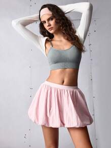SHEIN Sports Women Solid Color Elastic Waist Pleated Sports Pink Skirt - Pink - View 2