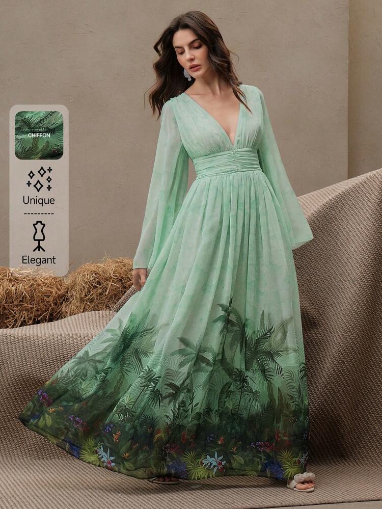 Summer Beach Chiffon Dress, Flowing Resort Vacation Date Wear Long Sleeve Dress